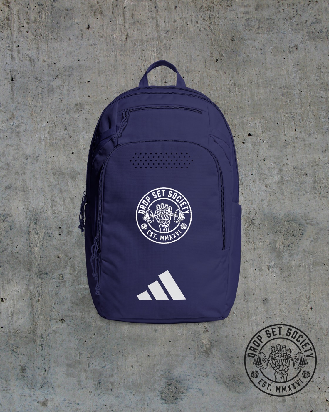 Drop Set Society embroidered Adidas backpack in a gym