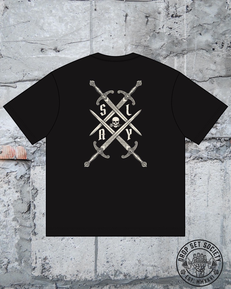 Crossed Swords Slay tee, black, crossed swords and skull back graphic