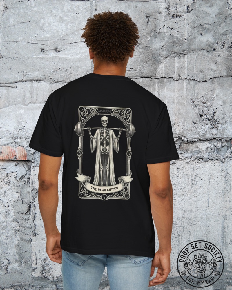 The Dead Lifter tee, Black, back graphic, tarot card style skeleton