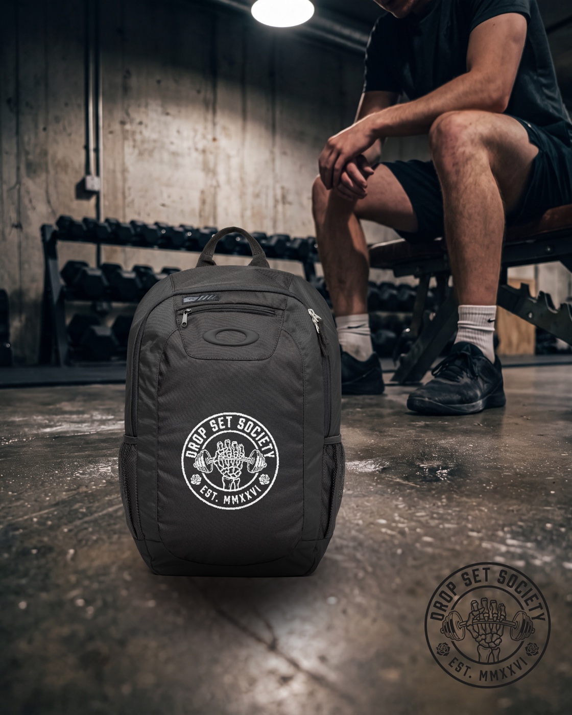 Oakley Enduro Backpack, Blackout, embroidered Drop Set Society crest, in a gym