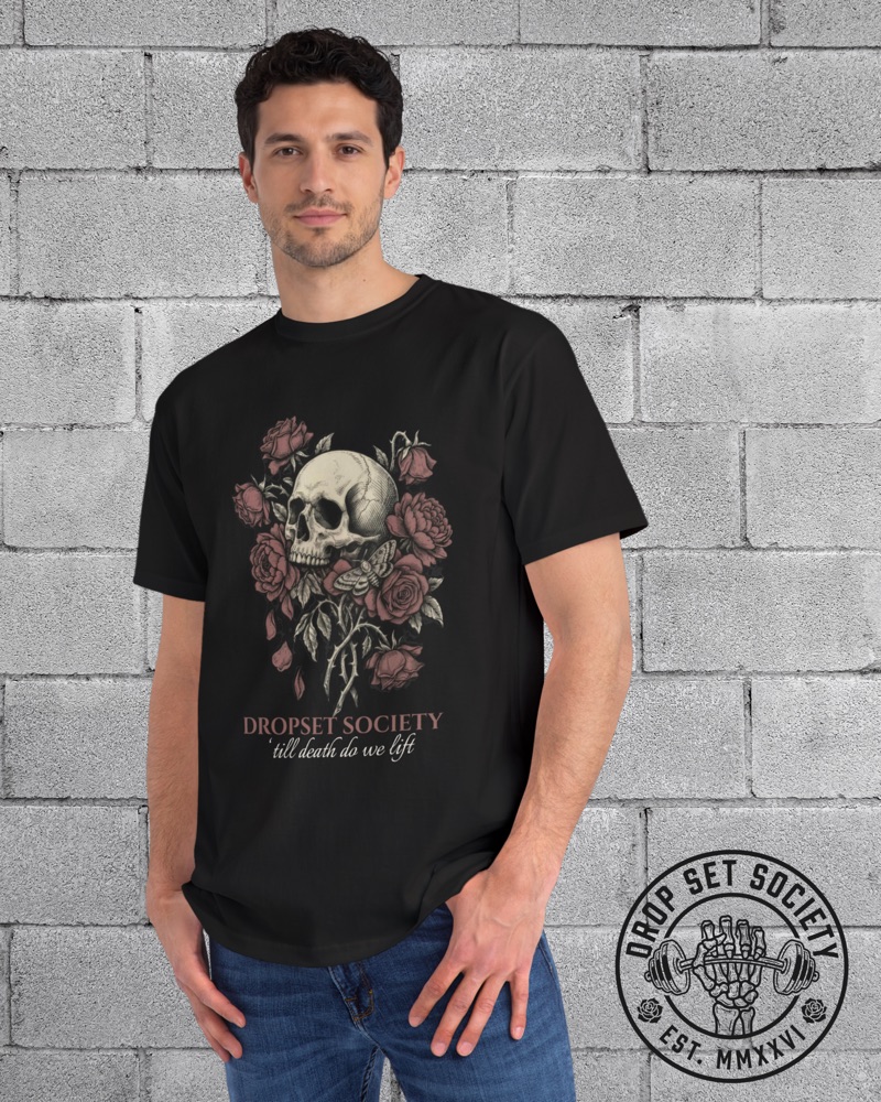 Till Death Do We Lift tee, black, skull and roses front graphic